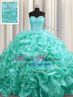 Discount Court Train Aqua Blue Ball Gowns Beading and Pick Ups Quinceanera Gowns Lace Up Organza Sleeveless With Train