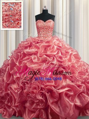 Pretty Watermelon Red Ball Gowns Organza Sweetheart Sleeveless Beading and Pick Ups With Train Lace Up Quince Ball Gowns Court Train