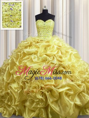 Elegant Gold Organza Lace Up Sweetheart Sleeveless With Train Sweet 16 Dresses Court Train Beading and Pick Ups