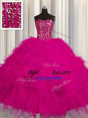 Shining Visible Boning Fuchsia Sleeveless Beading and Ruffles and Sequins Floor Length Quinceanera Gown