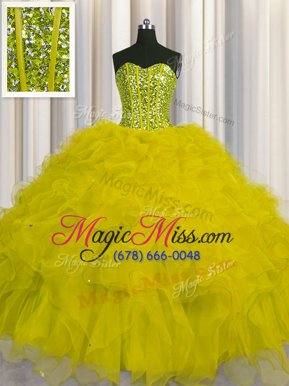 Shining Visible Boning Olive Green Sweetheart Neckline Beading and Ruffles and Sequins Ball Gown Prom Dress Sleeveless Lace Up