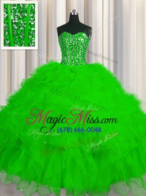 Visible Boning Tulle Lace Up Sweetheart Sleeveless Floor Length 15th Birthday Dress Beading and Ruffles and Sequins