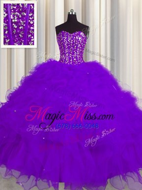 Exquisite Visible Boning Purple Sleeveless Floor Length Beading and Ruffles and Sequins Lace Up Sweet 16 Quinceanera Dress