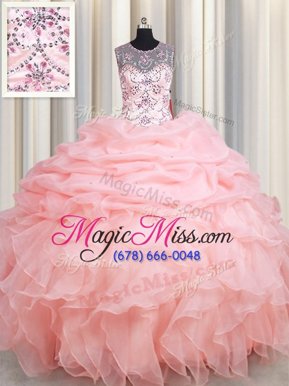 Scoop See Through Baby Pink Ball Gowns Beading and Ruffles and Pick Ups Quince Ball Gowns Lace Up Organza Sleeveless Floor Length