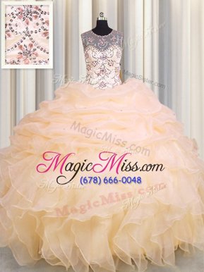 Enchanting See Through Floor Length Peach 15th Birthday Dress Scoop Sleeveless Lace Up