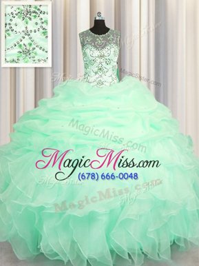 High End See Through Apple Green Organza Lace Up Scoop Sleeveless Floor Length Vestidos de Quinceanera Beading and Ruffles and Pick Ups