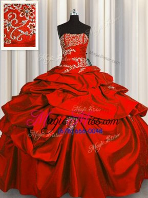 Perfect Red Taffeta Lace Up Strapless Sleeveless Floor Length Quinceanera Dresses Appliques and Pick Ups