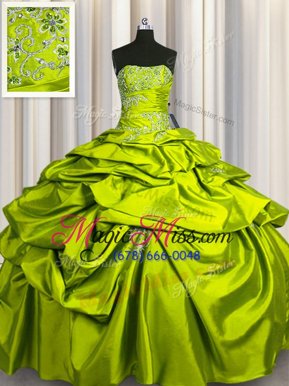 Cheap Yellow Green Sleeveless Floor Length Beading and Pick Ups Lace Up Sweet 16 Quinceanera Dress