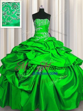 Dramatic Strapless Sleeveless Quinceanera Gown Floor Length Appliques and Pick Ups Green Taffeta