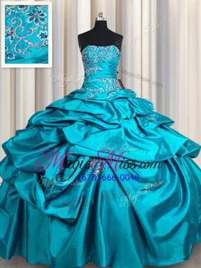 Comfortable Sleeveless Floor Length Appliques and Pick Ups Lace Up Quinceanera Gown with Aqua Blue