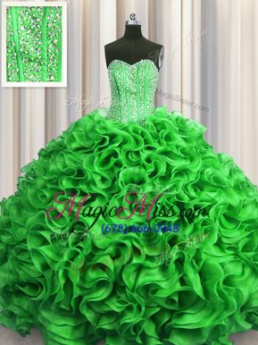 Captivating Visible Boning Organza Sweetheart Sleeveless Lace Up Beading and Ruffles Sweet 16 Dress in Green