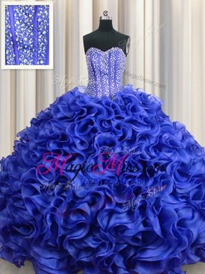 Low Price Visible Boning Organza Sweetheart Sleeveless Lace Up Beading and Ruffles Sweet 16 Dresses in Royal Blue