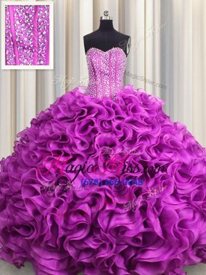 Visible Boning Fuchsia Sleeveless Organza Lace Up Sweet 16 Quinceanera Dress for Military Ball and Sweet 16 and Quinceanera