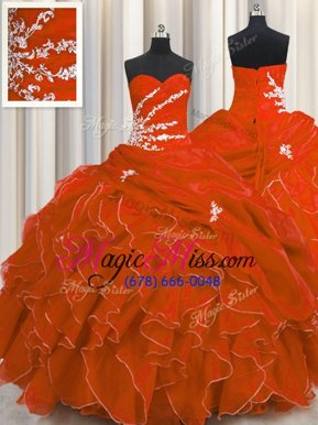 Graceful Sleeveless Floor Length Beading and Appliques and Ruffles Lace Up Sweet 16 Dress with Orange Red