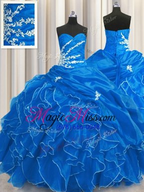 Sumptuous Sleeveless Organza Floor Length Lace Up Quinceanera Gown in Blue for with Beading and Appliques and Ruffles