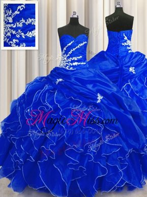 Dramatic Organza Sweetheart Sleeveless Lace Up Beading and Appliques and Ruffles Quinceanera Gowns in Royal Blue