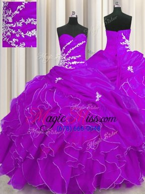 Spectacular Purple Ball Gowns Organza Sweetheart Sleeveless Beading and Appliques and Ruffles Floor Length Lace Up Quince Ball Gowns