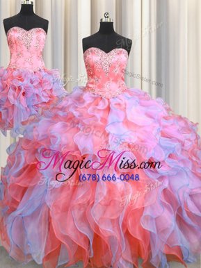 Enchanting Three Piece Multi-color Organza Lace Up Sweetheart Sleeveless Floor Length Quinceanera Gown Beading and Appliques and Ruffles