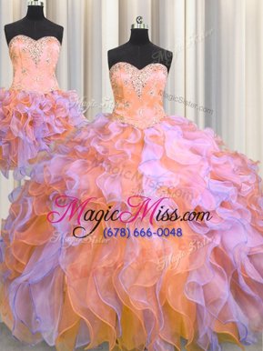 Fashion Three Piece Multi-color Ball Gowns Beading and Appliques and Ruffles 15th Birthday Dress Lace Up Organza Sleeveless Floor Length