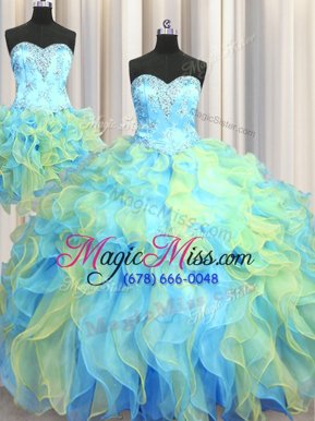 Pretty Three Piece Organza Sweetheart Sleeveless Lace Up Beading and Appliques and Ruffles Vestidos de Quinceanera in Multi-color