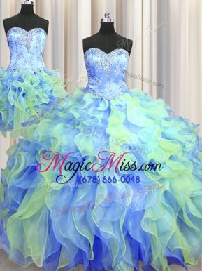 Most Popular Three Piece Sleeveless Floor Length Beading and Appliques and Ruffles Lace Up Sweet 16 Dress with Multi-color