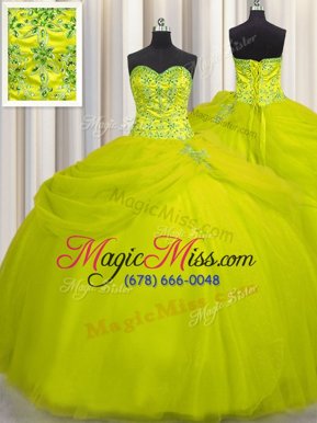 Pretty Really Puffy Yellow Green Sleeveless Beading Floor Length Sweet 16 Dresses