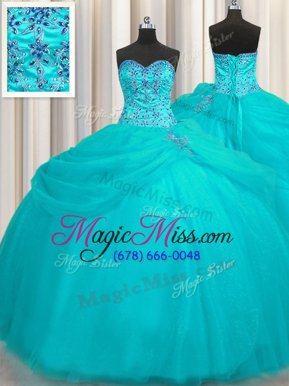 Super Puffy Skirt Beading Sweet 16 Dress Aqua Blue Lace Up Sleeveless Floor Length