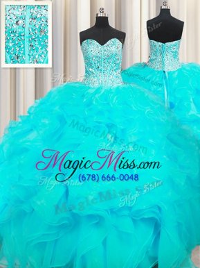 Luxurious Visible Boning Beaded Bodice Beading and Ruffles Sweet 16 Dress Aqua Blue Lace Up Sleeveless Floor Length