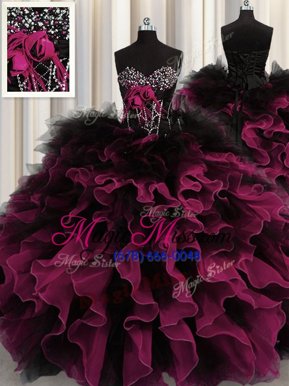 Simple Red And Black Lace Up Quince Ball Gowns Beading and Ruffles Sleeveless Floor Length