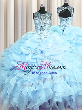 Superior See Through Floor Length Light Blue Sweet 16 Dress Scoop Sleeveless Lace Up