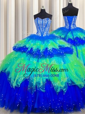 Bling-bling Visible Boning Multi-color Tulle Lace Up Sweetheart Sleeveless Floor Length 15th Birthday Dress Beading and Ruffles and Ruffled Layers and Sequins