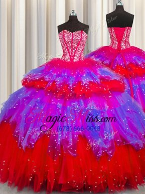 Affordable Bling-bling Visible Boning Sleeveless Lace Up Floor Length Beading and Ruffles and Ruffled Layers and Sequins Sweet 16 Dresses