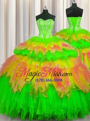 Fabulous Bling-bling Visible Boning Tulle Sleeveless Floor Length Quinceanera Gowns and Beading and Ruffles and Ruffled Layers and Sequins