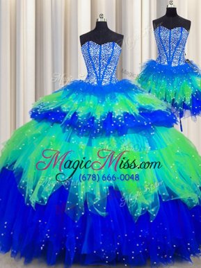 Colorful Three Piece Visible Boning Sleeveless Lace Up Floor Length Beading and Ruffles and Ruffled Layers and Sequins Quinceanera Dresses