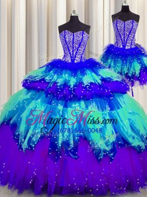 Dramatic Three Piece Visible Boning Multi-color Sleeveless Beading and Ruffles and Ruffled Layers and Sequins Floor Length 15th Birthday Dress