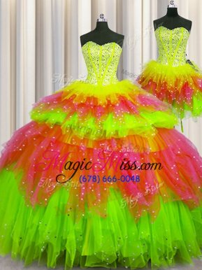 Edgy Three Piece Visible Boning Sleeveless Floor Length Beading Lace Up Quinceanera Dresses with Multi-color