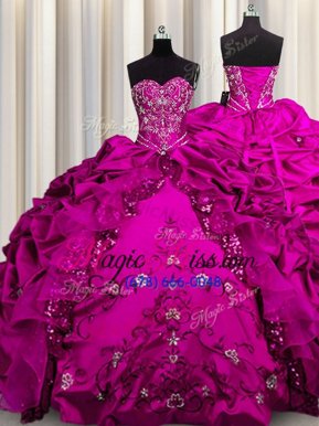 Trendy Embroidery Sequins Sweetheart Sleeveless Lace Up Quince Ball Gowns Fuchsia Taffeta