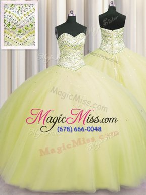 Dynamic Bling-bling Puffy Skirt Floor Length Lace Up Sweet 16 Quinceanera Dress Light Yellow and In for Military Ball and Sweet 16 and Quinceanera with Beading