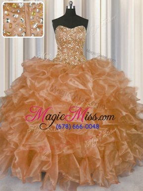 Glittering Visible Boning Orange Ball Gowns Strapless Sleeveless Organza Floor Length Lace Up Beading and Ruffles Vestidos de Quinceanera