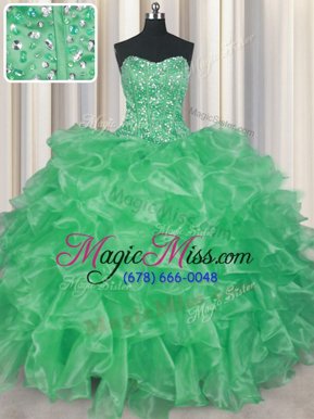 Affordable Visible Boning Apple Green Organza Lace Up Strapless Sleeveless Floor Length Sweet 16 Dresses Beading and Ruffles