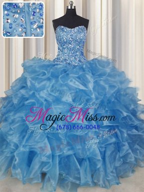 Elegant Visible Boning Beading and Ruffles Quinceanera Gowns Baby Blue Lace Up Sleeveless Floor Length