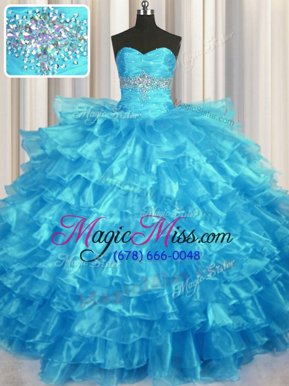 Modest Sweetheart Sleeveless Sweet 16 Quinceanera Dress Floor Length Beading and Ruffled Layers Baby Blue Organza