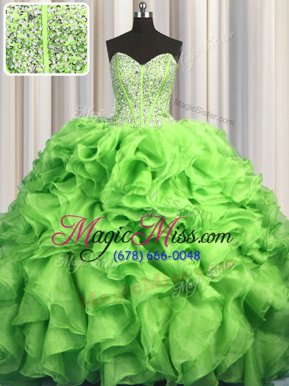 Affordable Visible Boning Brush Train Sweetheart Sleeveless Organza Ball Gown Prom Dress Beading and Ruffles Sweep Train Lace Up