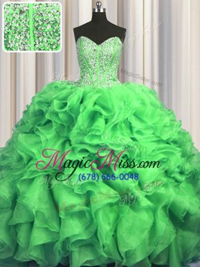 Enchanting Visible Boning Bling-bling Ball Gowns Sweetheart Sleeveless Organza With Train Sweep Train Lace Up Beading and Ruffles Quinceanera Dress