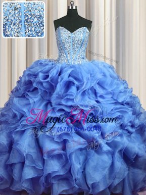 Fashion Visible Boning Bling-bling With Train Baby Blue Quinceanera Dress Organza Brush Train Sleeveless Beading and Ruffles