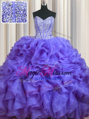 Custom Designed Bling-bling Sleeveless Brush Train Beading and Ruffles Lace Up Sweet 16 Quinceanera Dress