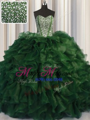 Sexy Visible Boning Bling-bling Sweetheart Sleeveless Quinceanera Gowns With Brush Train Beading Green Organza