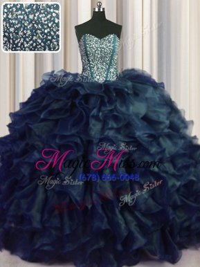 Chic Visible Boning Bling-bling Navy Blue Organza Lace Up Quince Ball Gowns Sleeveless With Brush Train Beading and Ruffles