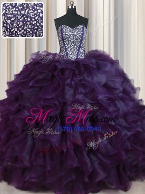 Decent Visible Boning Bling-bling Eggplant Purple Sweetheart Neckline Beading and Ruffles 15 Quinceanera Dress Sleeveless Lace Up