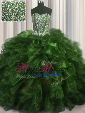 Lovely Visible Boning Sweetheart Sleeveless Brush Train Lace Up 15 Quinceanera Dress Olive Green Organza